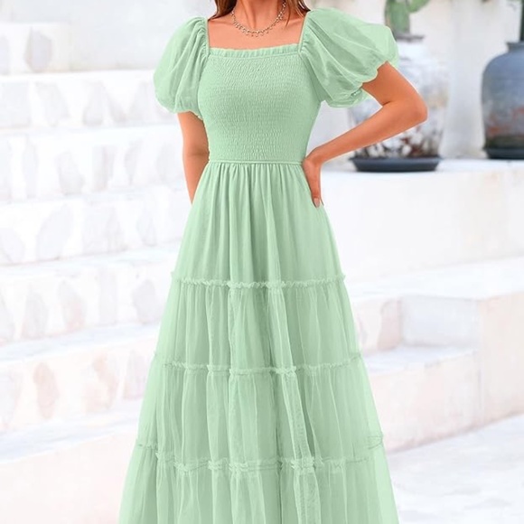 🌿 New With Tags Light Green Puff Sleeve Tulle Maxi Dress Size XXL - Picture 1 of 4